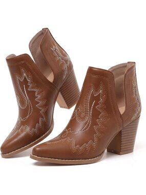 Women’s Yellow Brown Cowboy Ankle Boots Pointed Toe Chunky Heel Western Cowgirl